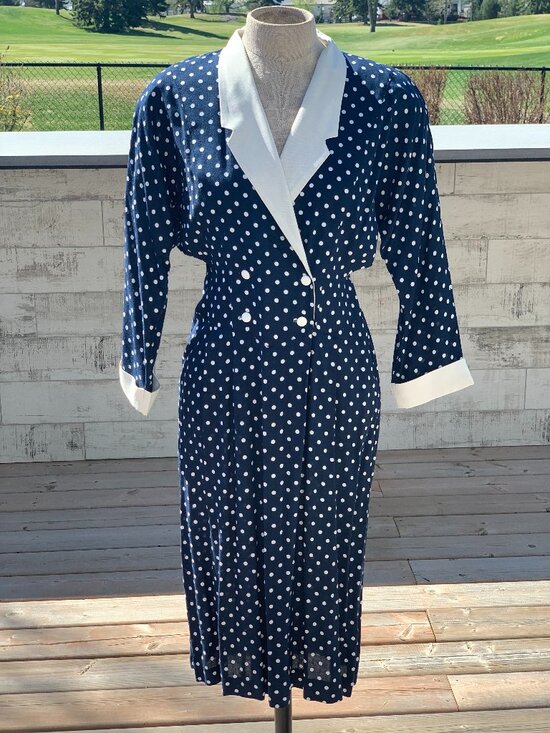 Jessica Dresses & Skirts - Vintage 90s Polka Dot Dress Navy White Double Breasted Modest Rockabilly Sheath